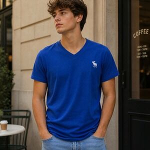 Abercrombie and Fitch Mens V Neck T Shirt Sz L Blue Moose Soft Rayon Y2K